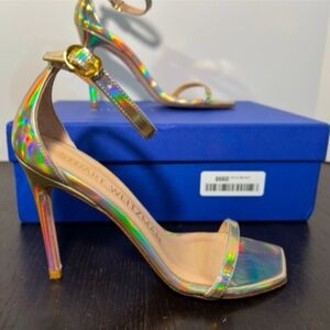 Stuart Weitzman Nudistcurve 100 Hologram Gold Patent Leather Sandals EU 36.5/US6